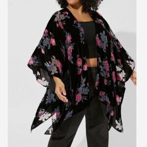 Torrid Black Velvet Kimono Sheer Evening Jacket Pink Roses One Size Plus